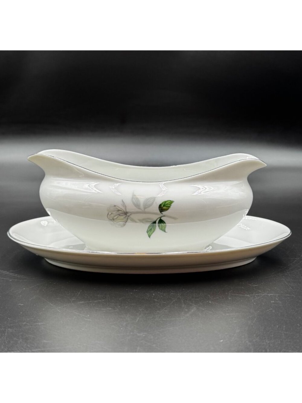 Vintage Sone China 1873 Platinum Trim Floral Gravy Boat Serving Dish